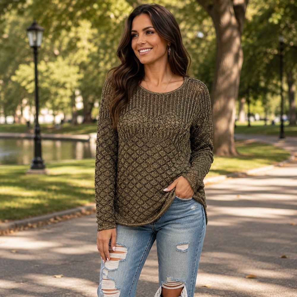 Jeanne Pierre Womens Gold Metallic Open Knit Long Sleeve Sweater Size S